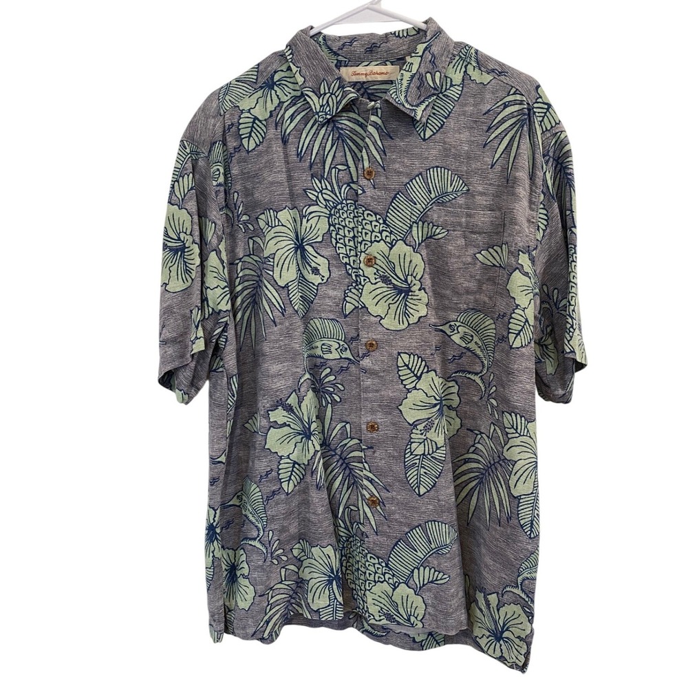 Tommy Bahama Mens Large Silk Tropical Pineapple‎ Marlin Camp Shirt Gray Green